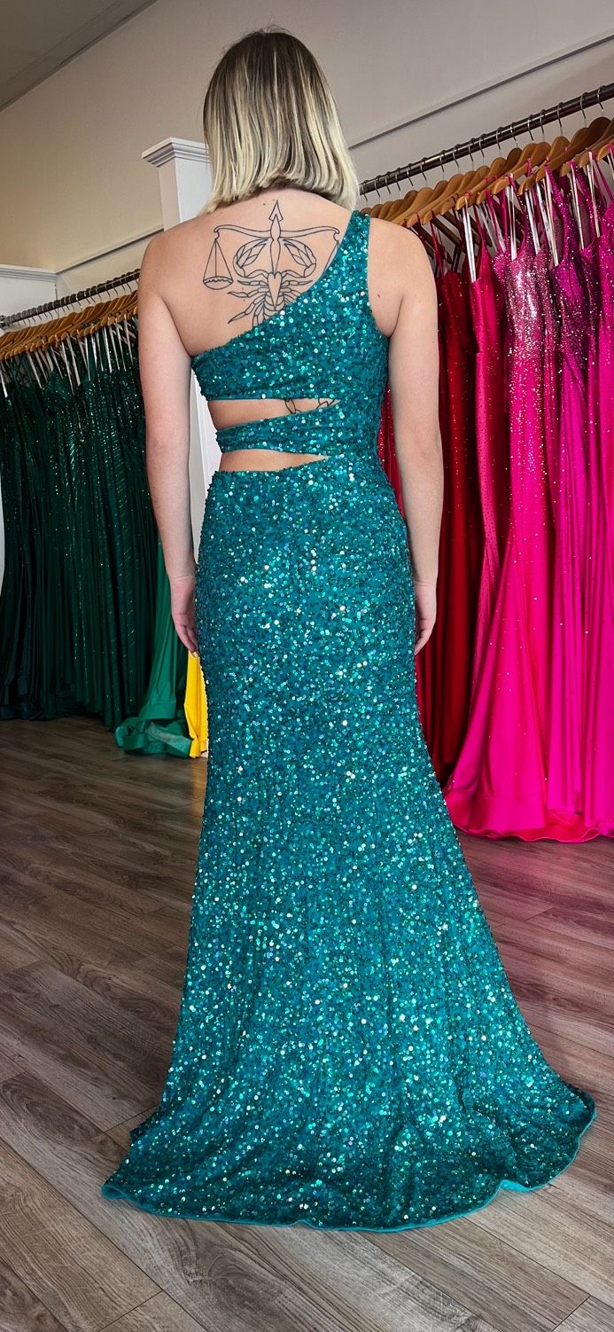 Chandalier Size 00 Prom One Shoulder Turquoise Green Mermaid Dress on Queenly