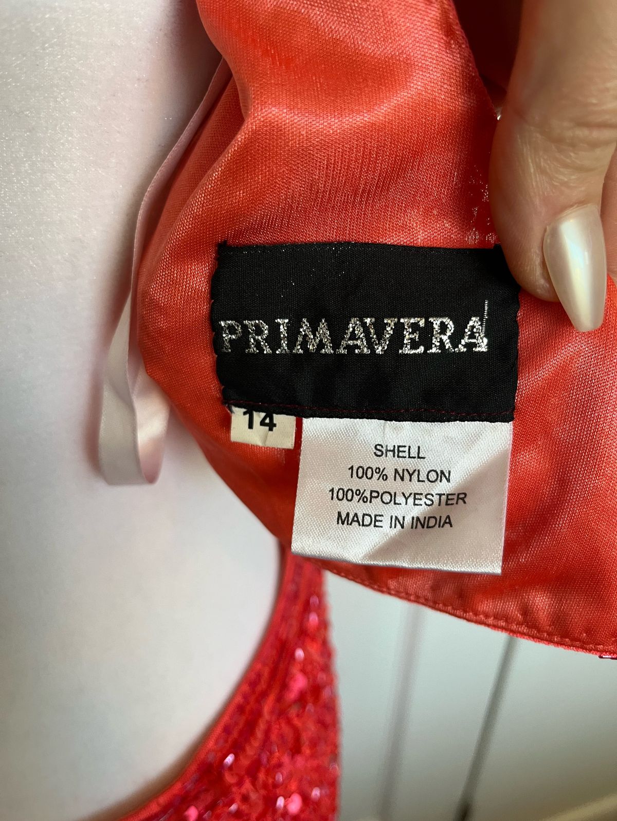 Style 1313 Primavera Size 14 High Neck Coral Cocktail Dress on Queenly