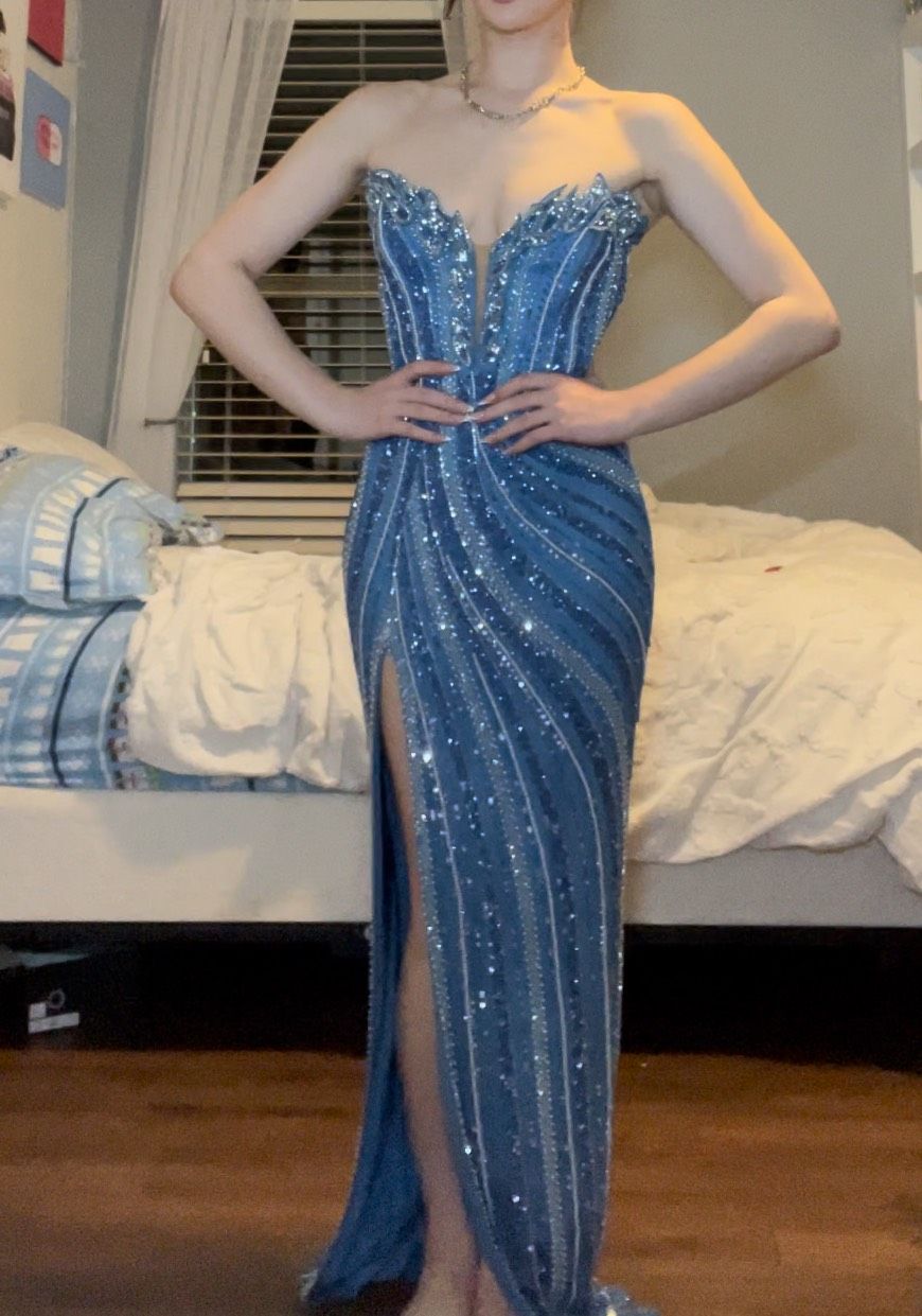 René The Label Size 0 Prom Strapless Blue Side Slit Dress on Queenly