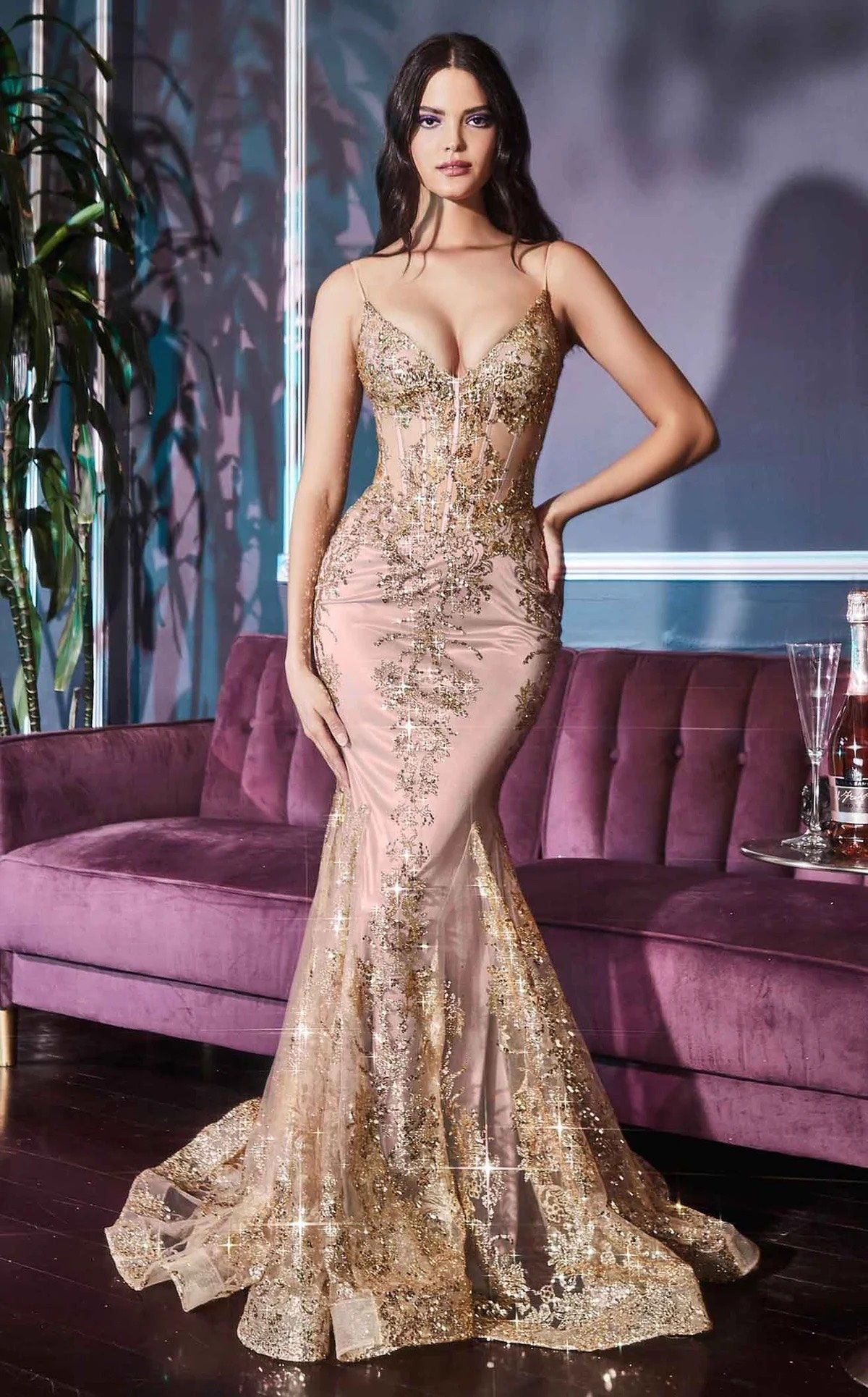 Style J810 Cinderella Divine Size 10 Prom Plunge Rose Gold Mermaid Dress on Queenly