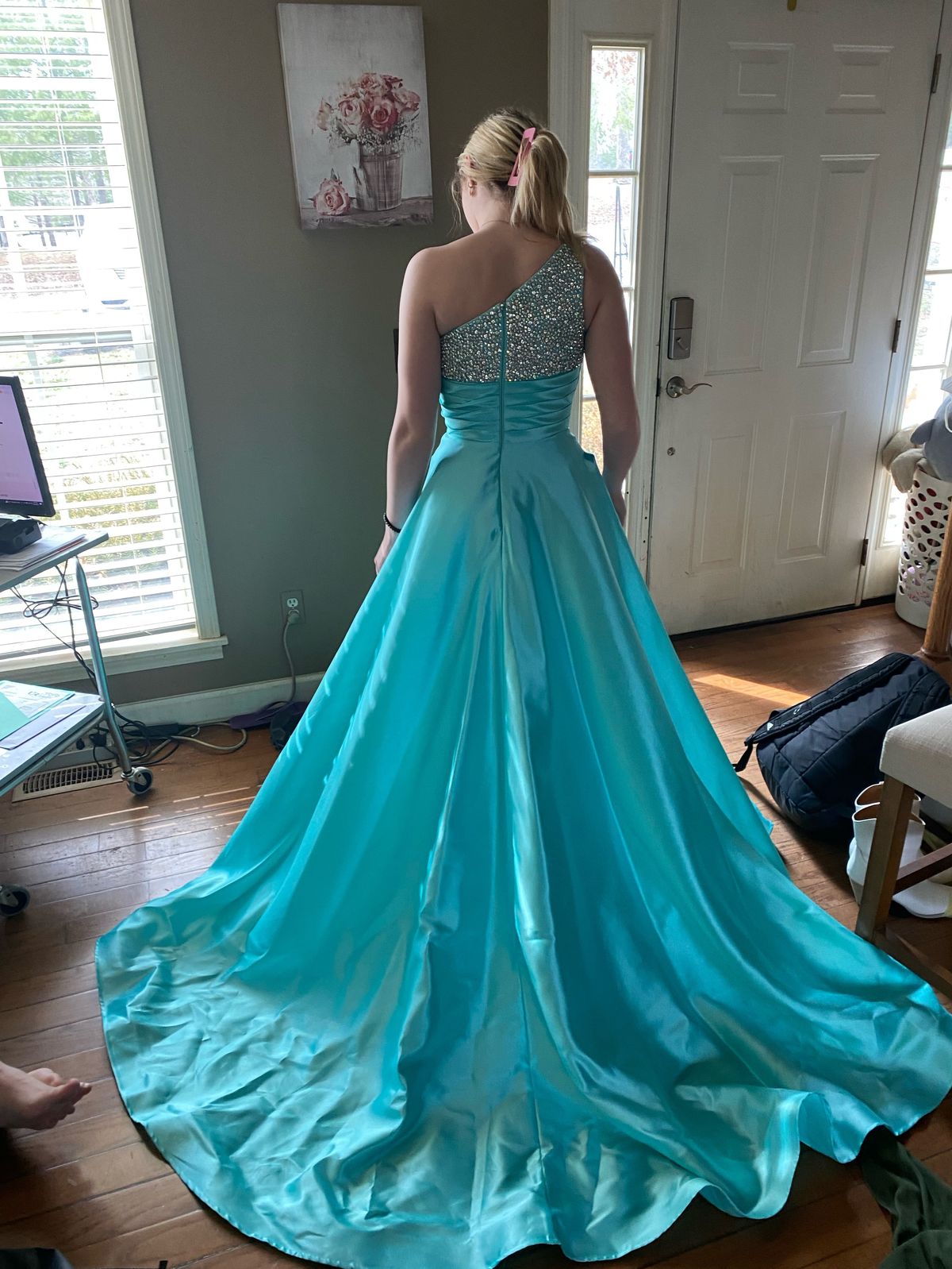 Style 11149 Ashley Lauren Size 4 Prom One Shoulder Sequined Light Blue Ball Gown on Queenly