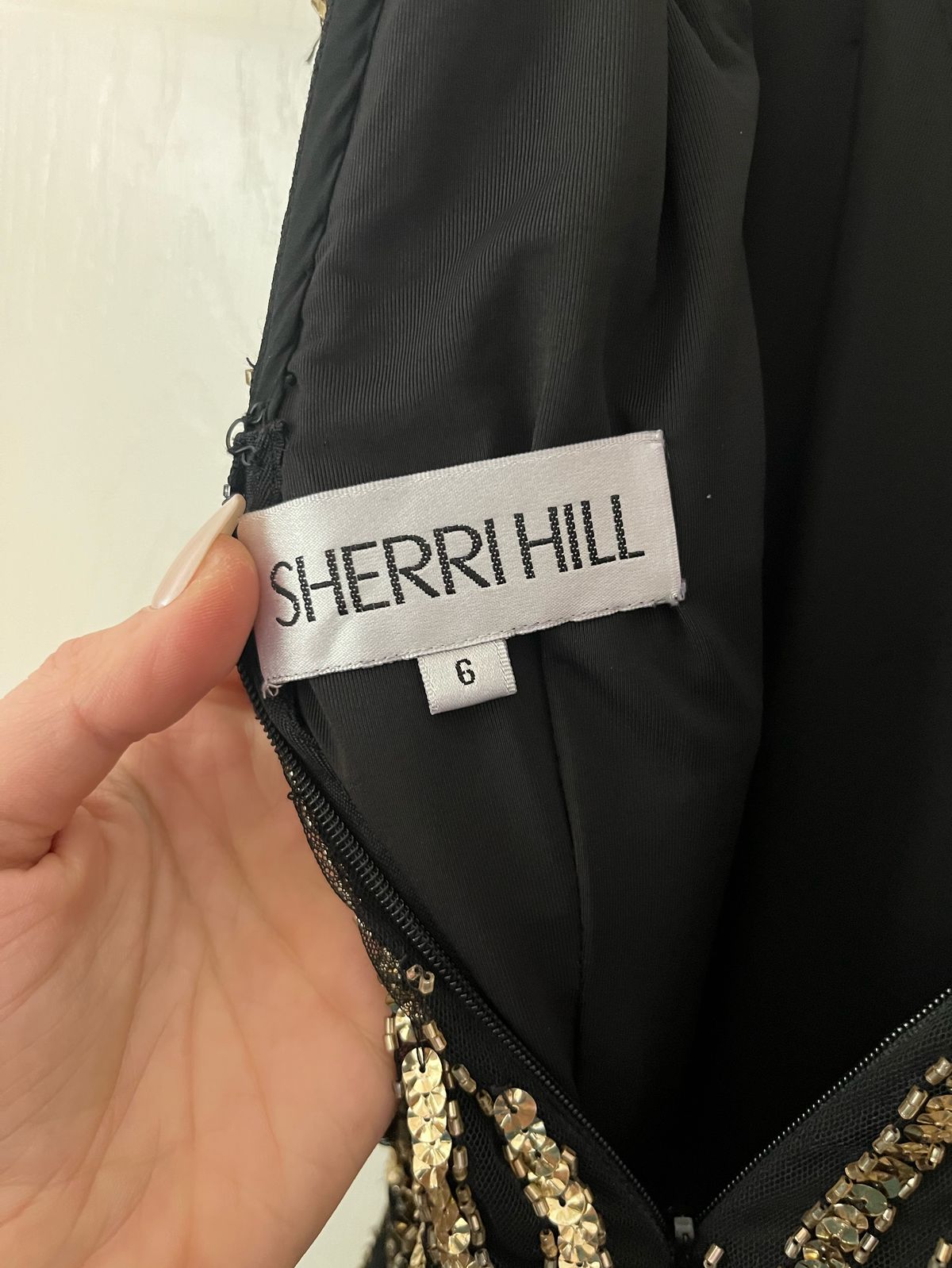 Style 54032 Sherri Hill Size 6 Prom Plunge Black Cocktail Dress on Queenly