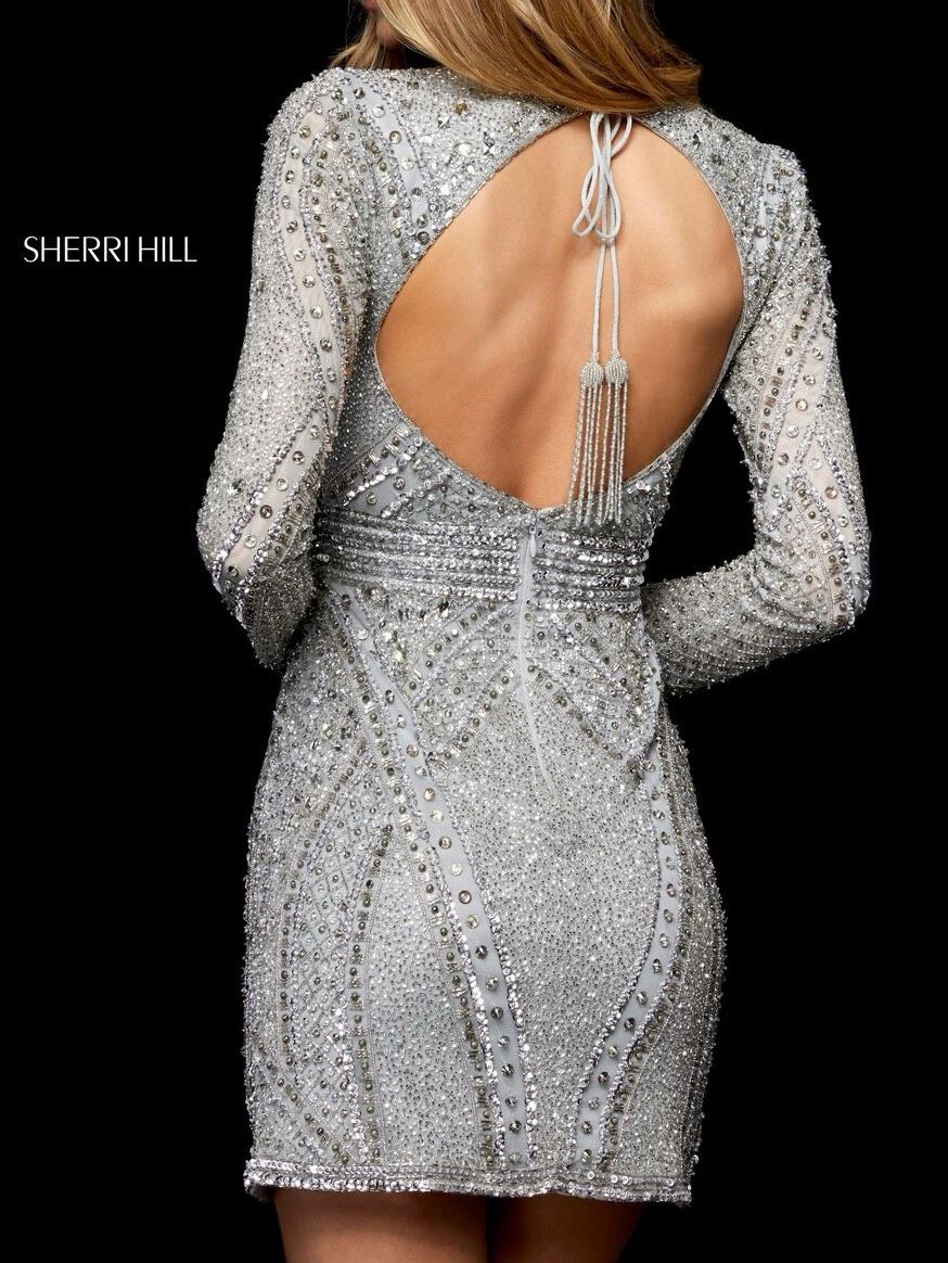 Style 52202 Sherri Hill Size 4 Homecoming Long Sleeve Silver Cocktail Dress on Queenly