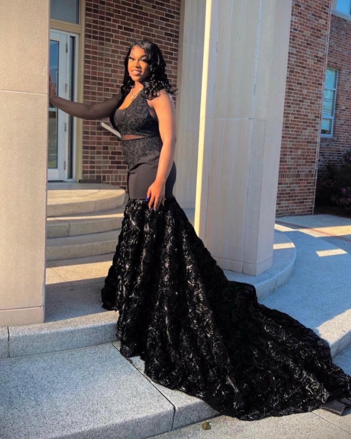 Size L Prom Halter Lace Black Dress With Train on Queenly