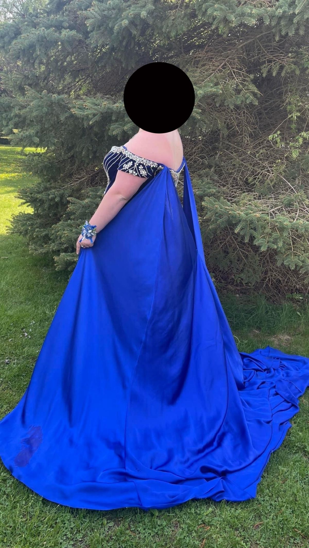 Style JK2202 Johnathan Kayne Plus Size 22 Prom Off The Shoulder Velvet Blue Dress With Train on Queenly