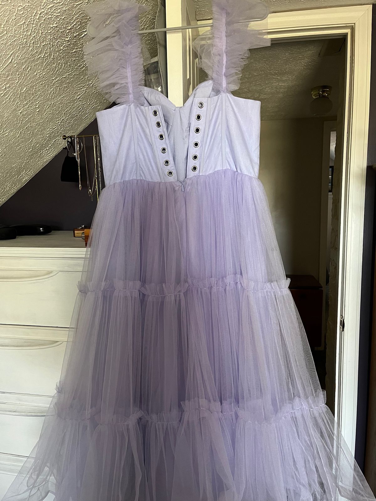 Size 12 Bridesmaid Cap Sleeve Purple Ball Gown on Queenly