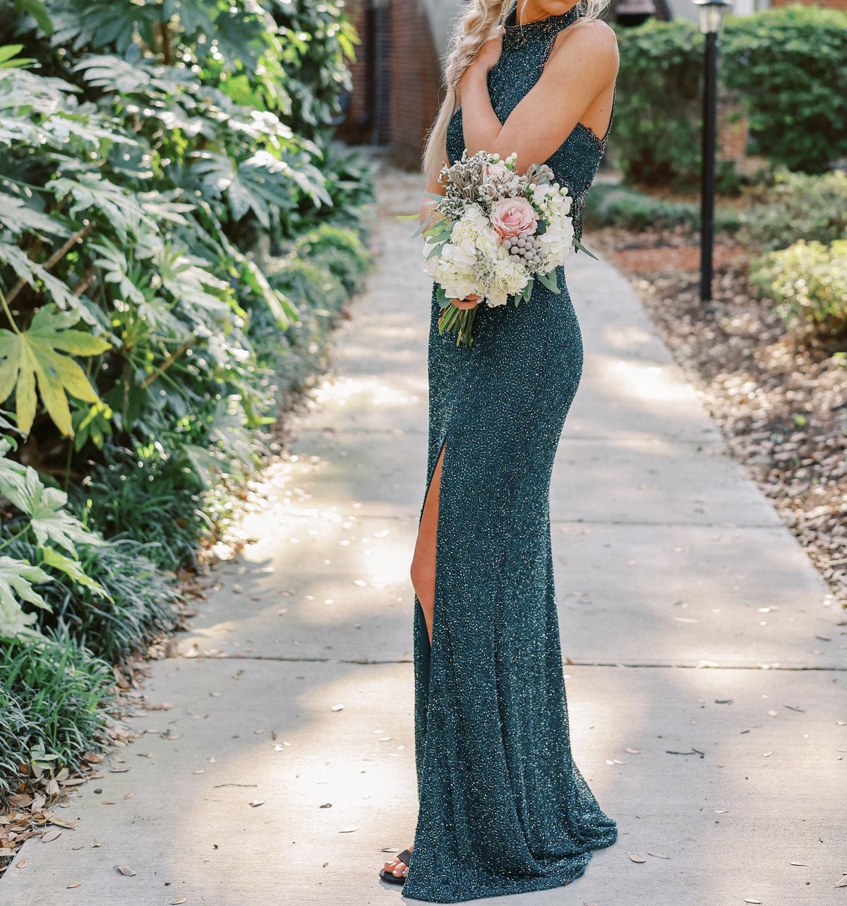Jovani Size 0 Prom High Neck Green Side Slit Dress on Queenly