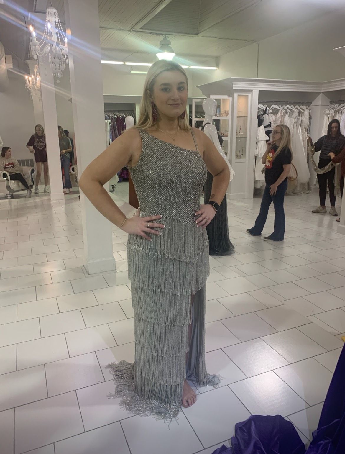 Sherri Hill Size 8 Prom One Shoulder Silver Side Slit Dress on Queenly