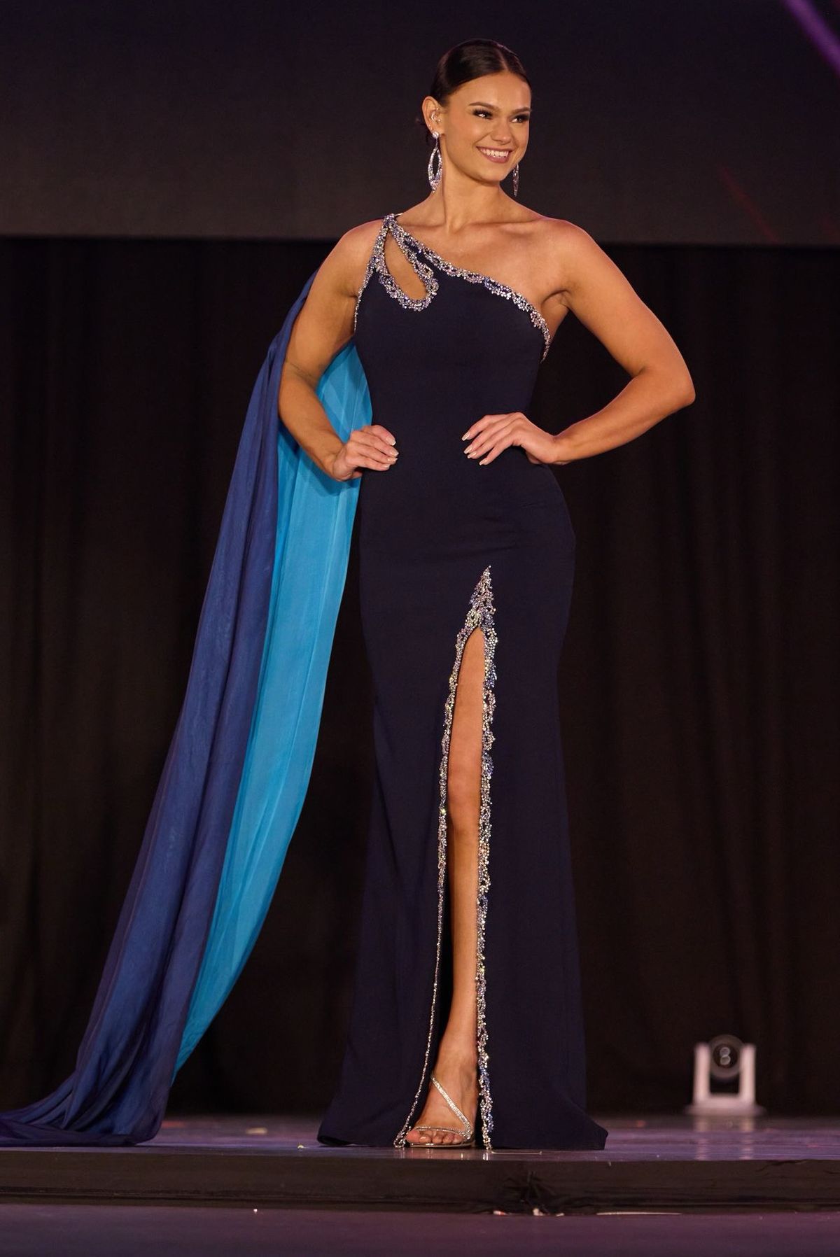 Jovani Size 4 Pageant One Shoulder Navy Blue Side Slit Dress on Queenly