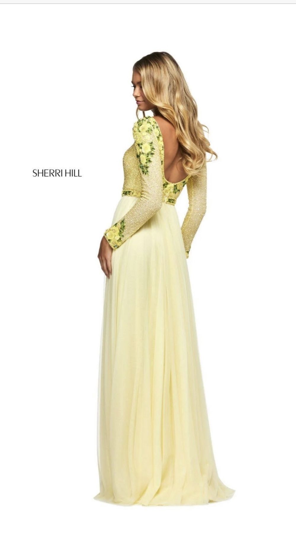 Style 53485 Sherri Hill Size 6 Long Sleeve Floral Yellow A-line Dress on Queenly