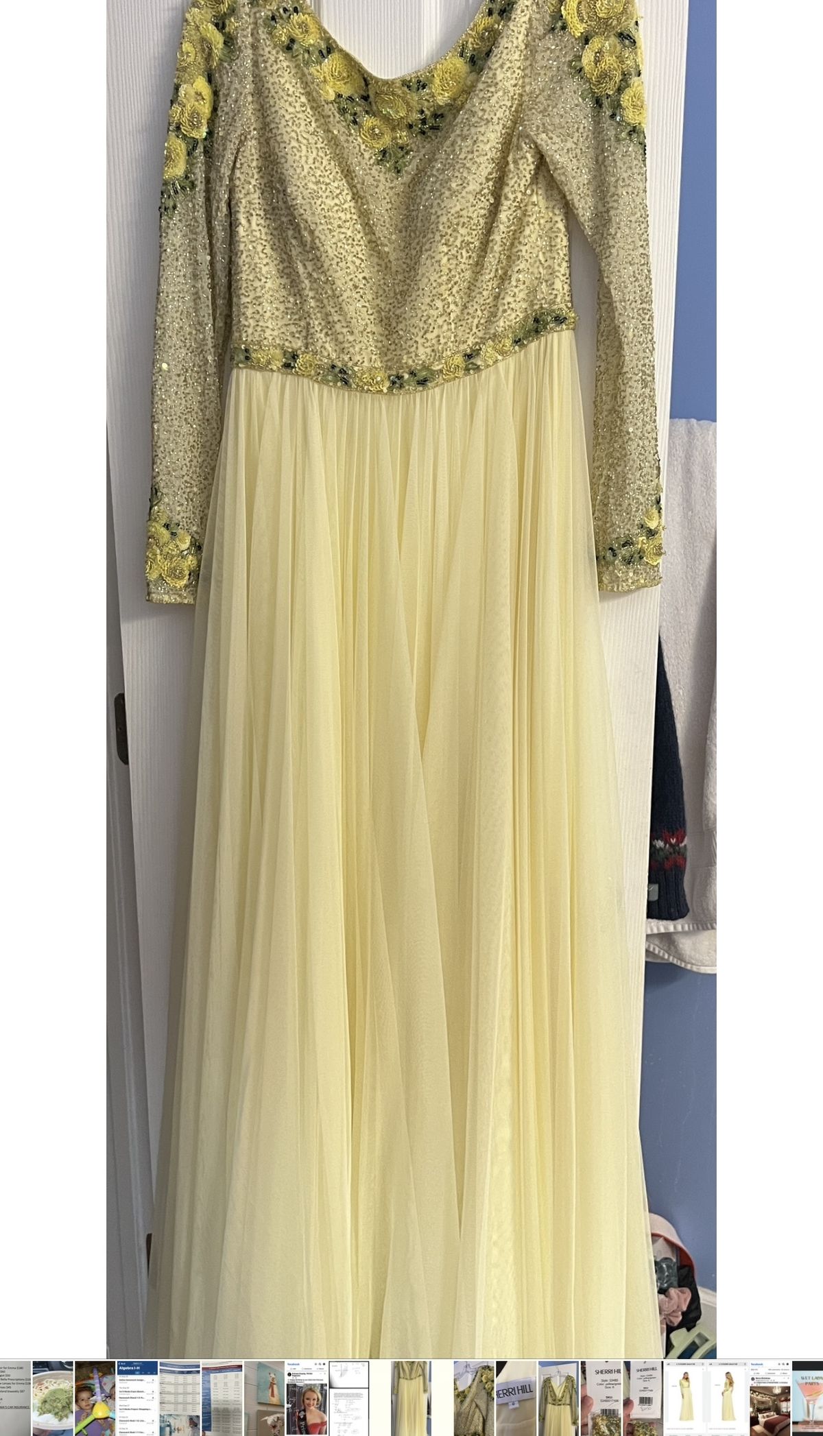 Style 53485 Sherri Hill Size 6 Long Sleeve Floral Yellow A-line Dress on Queenly