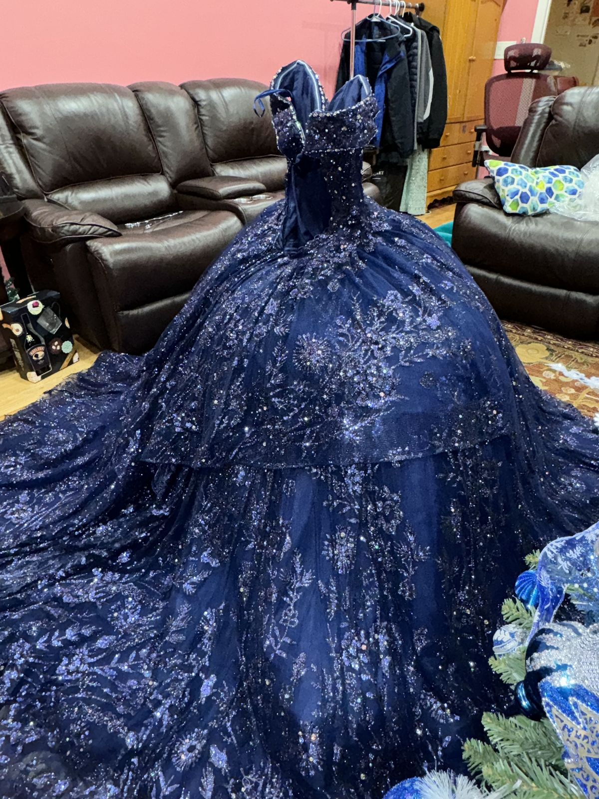 MoriLee Size 00 Floral Blue Ball Gown on Queenly