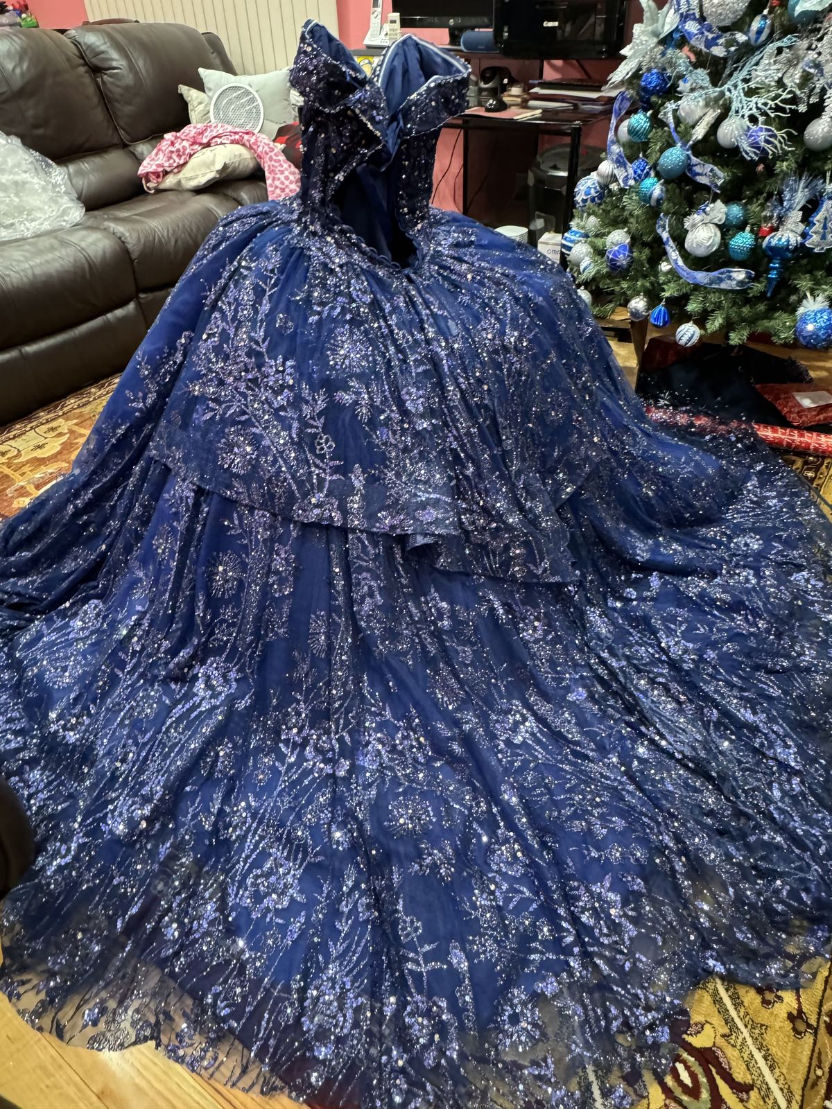 MoriLee Size 00 Floral Blue Ball Gown on Queenly