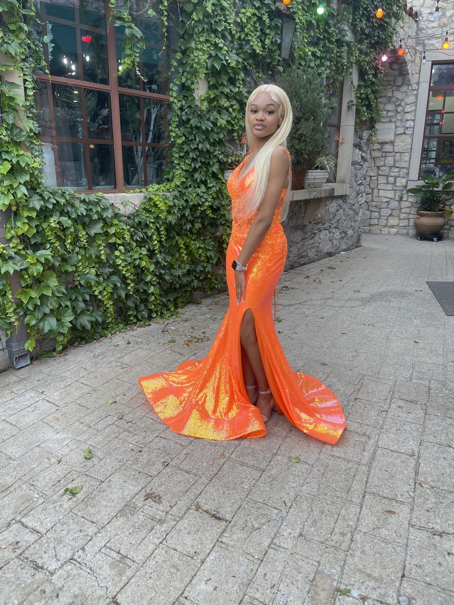 Terry Costa Size 0 Prom Plunge Orange Side Slit Dress on Queenly