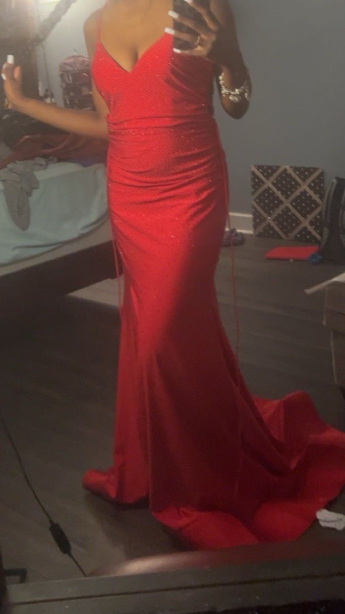 Colors Size 8 Prom Plunge Red Side Slit Dress on Queenly
