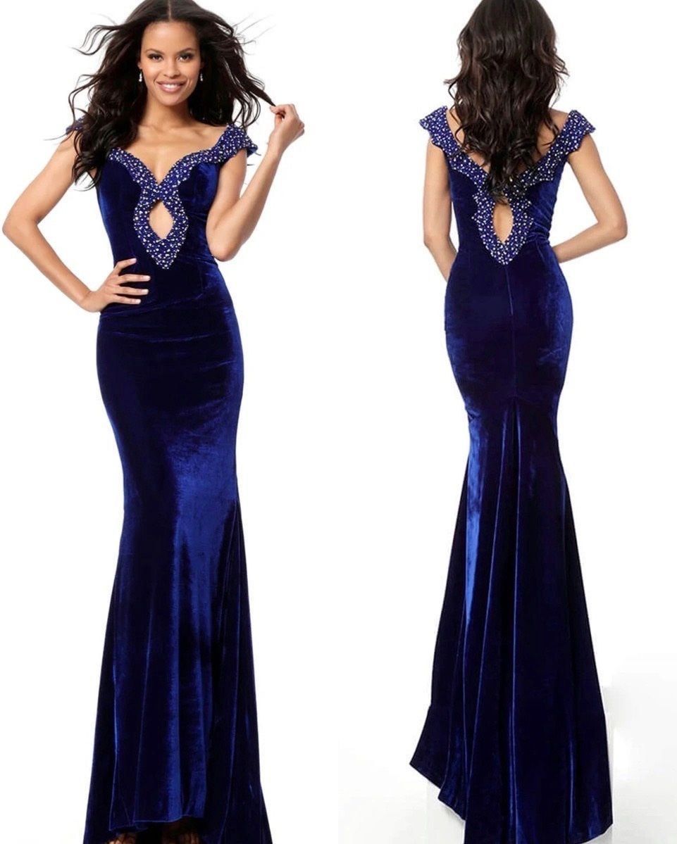 Style 61697 Jovani Size 12 Prom Plunge Velvet Navy Blue A-line Dress on Queenly