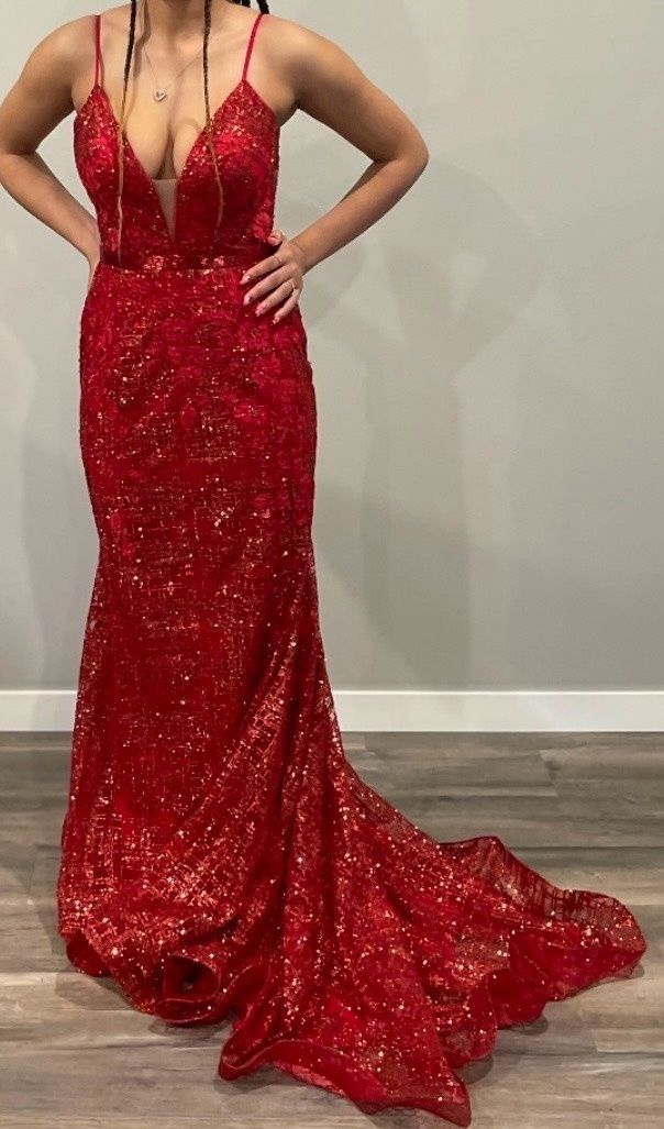 Jovani Size 8 Prom Plunge Red Mermaid Dress on Queenly