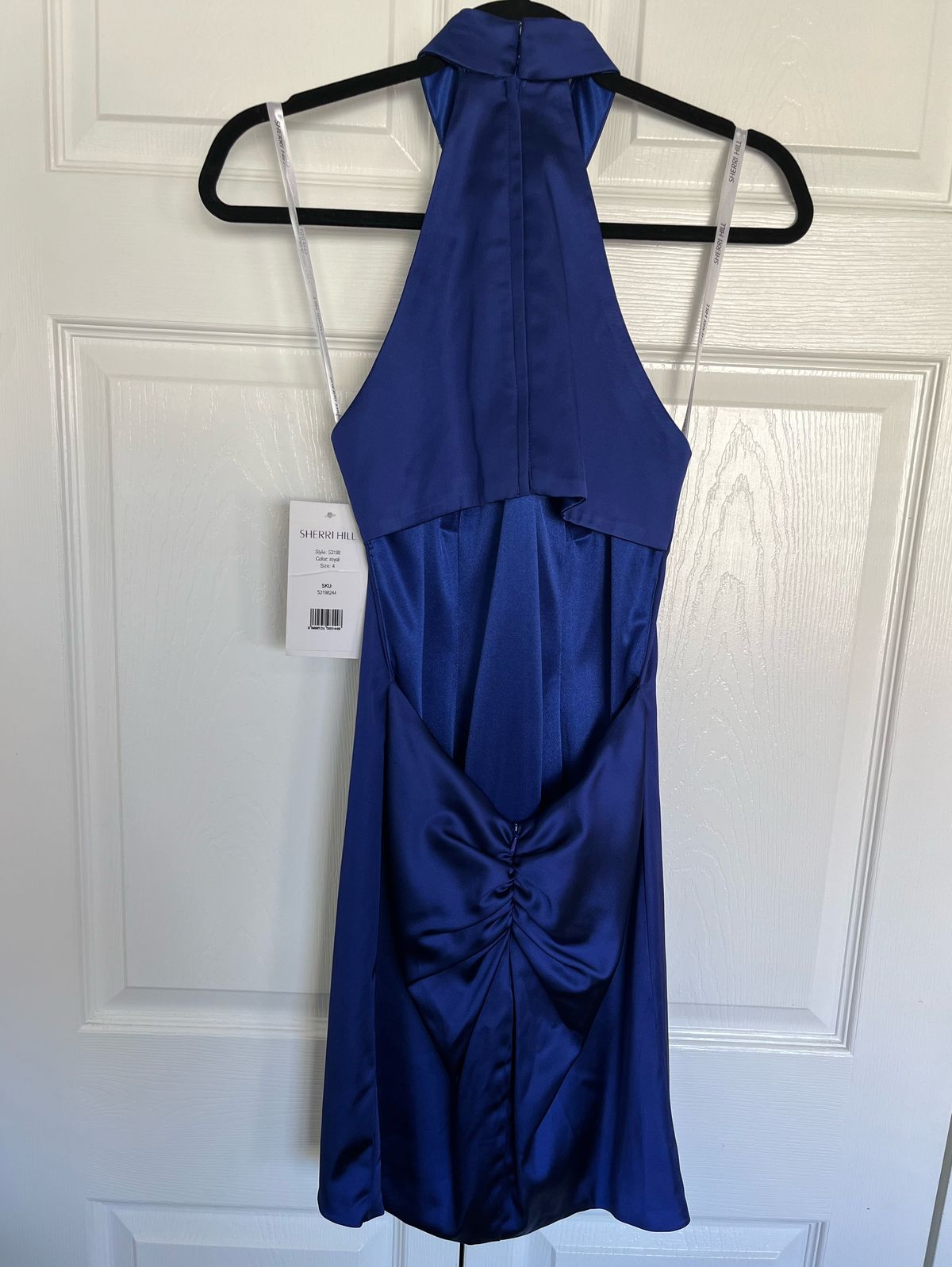 Style 53198 Sherri Hill Size 4 High Neck Royal Blue Cocktail Dress on Queenly