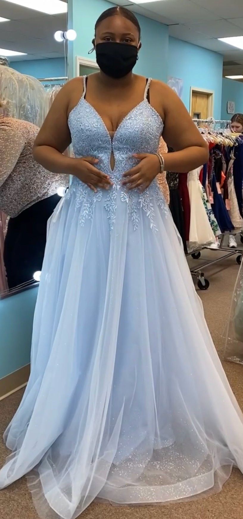Size 12 Prom Plunge Lace Blue Ball Gown on Queenly