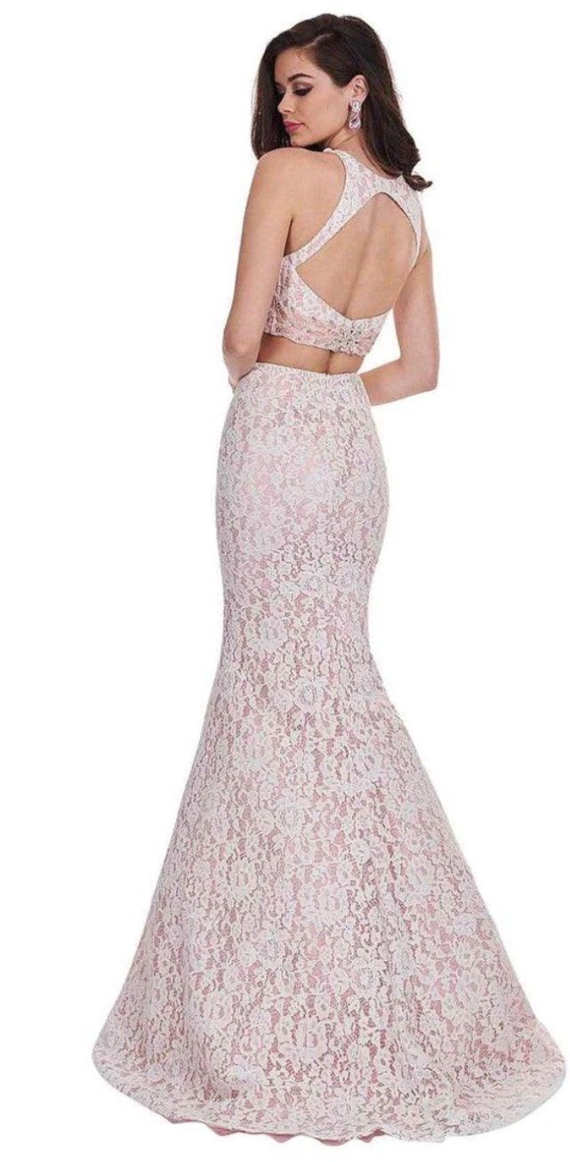 Style 6578 Rachel Allan Size 6 Prom Halter Lace White Mermaid Dress on Queenly