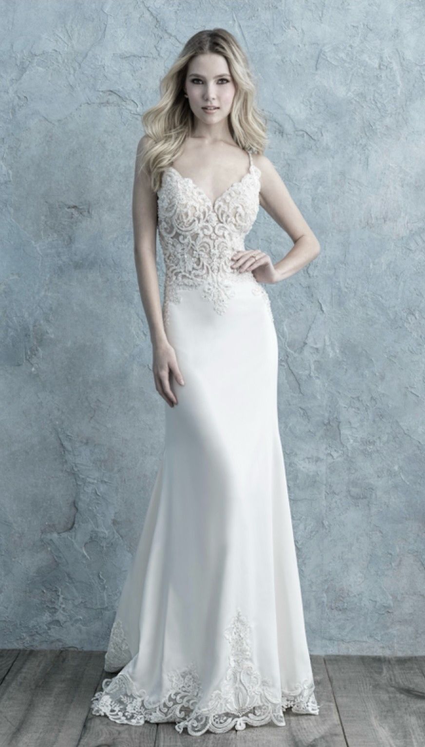 Style 9664 Allure Size 14 Wedding Plunge Lace White Dress With Train on Queenly