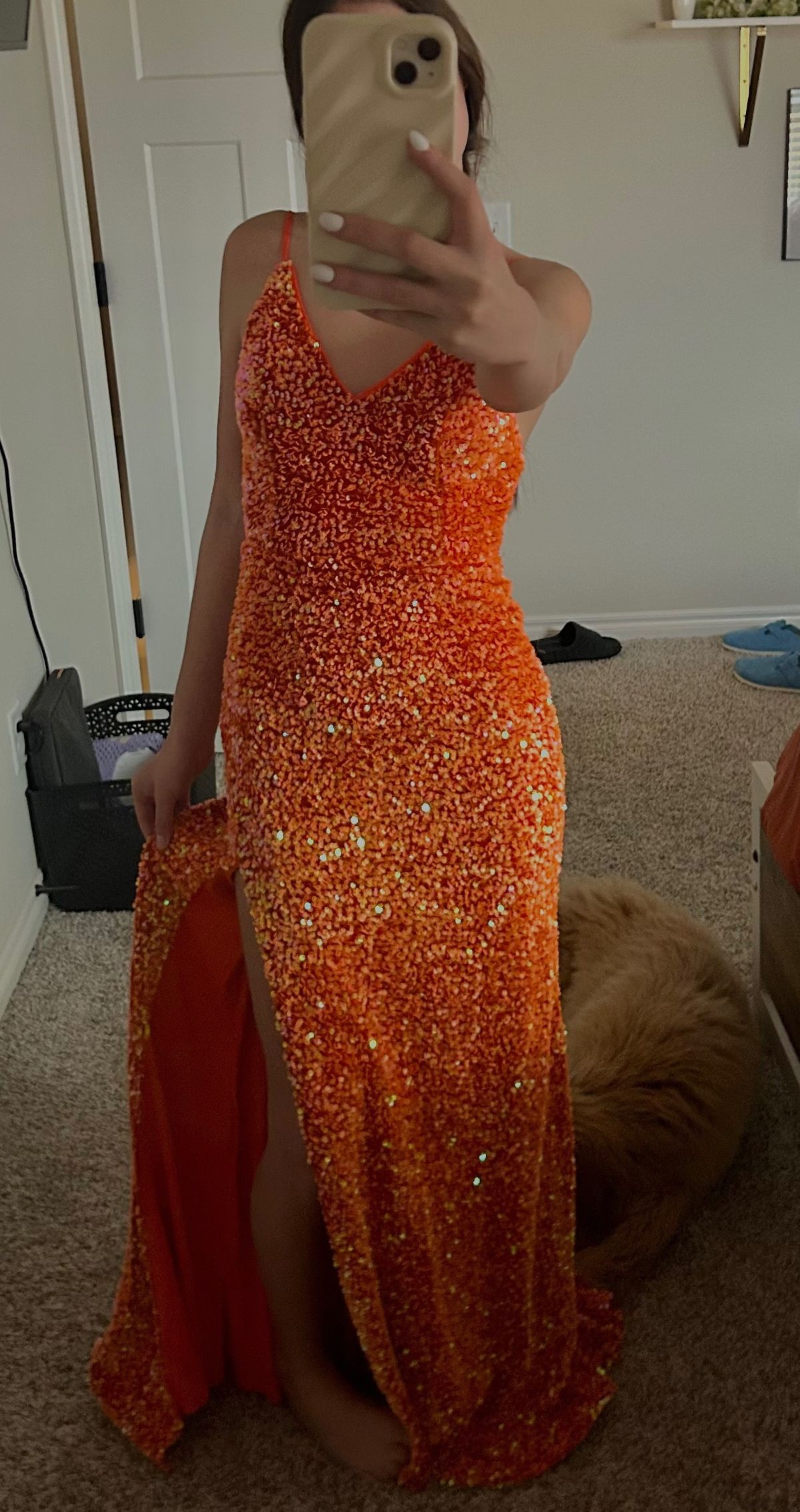 Size S Prom Plunge Orange Side Slit Dress on Queenly