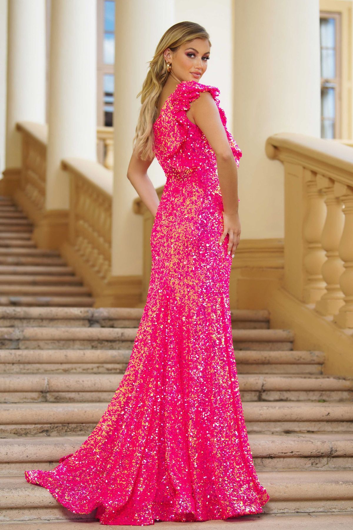 Style 39280 Ava Presley Size 10 Hot Pink Side Slit Dress on Queenly