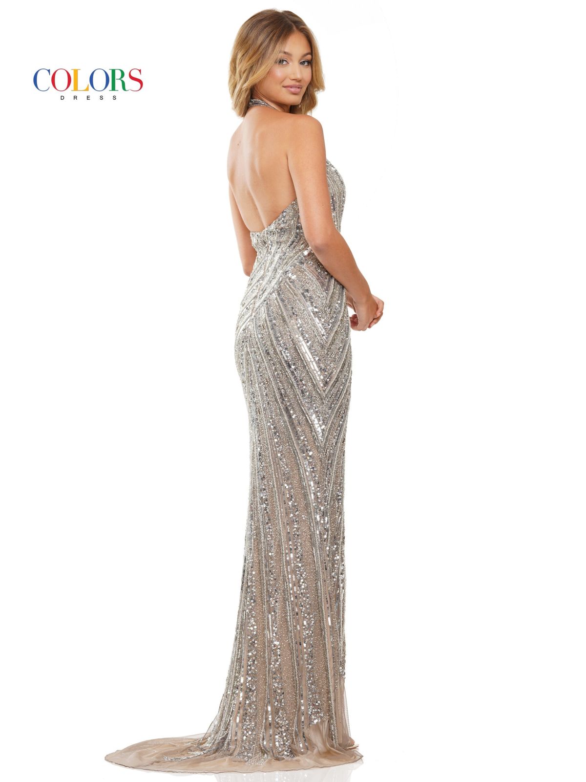 Style 3148 Colors Size 6 Pageant Halter Silver Side Slit Dress on Queenly