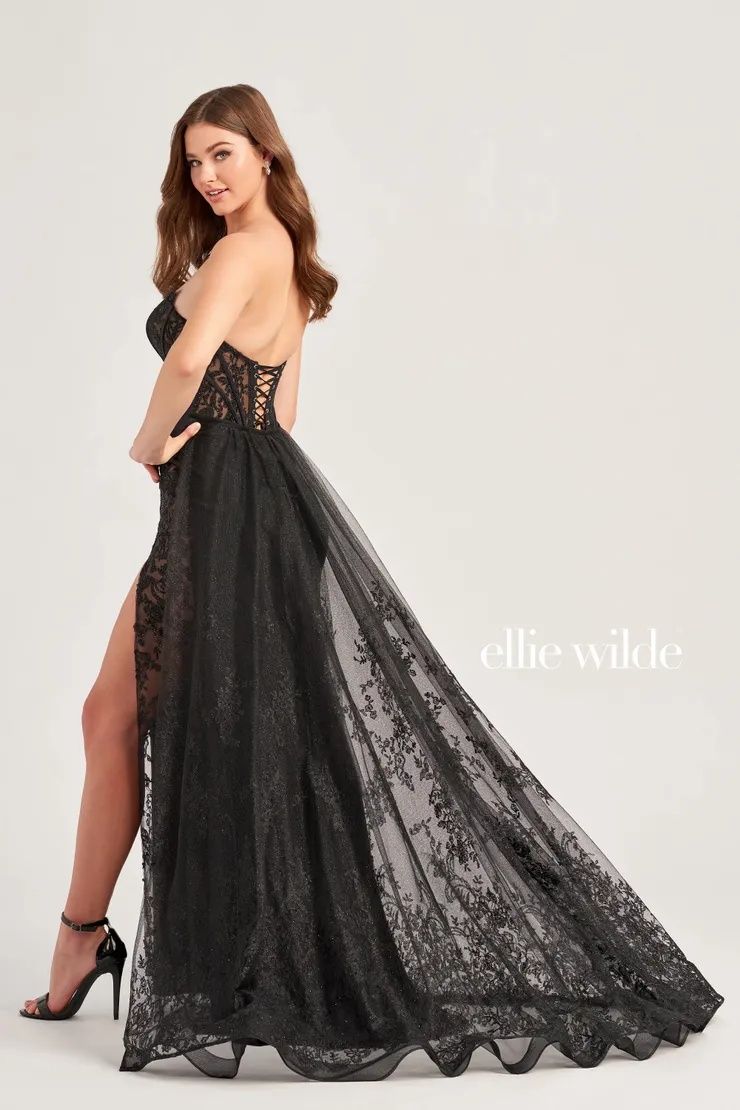 Style EW35032 Ellie Wilde By Mon Cheri Size 4 Pageant Black Side Slit Dress on Queenly