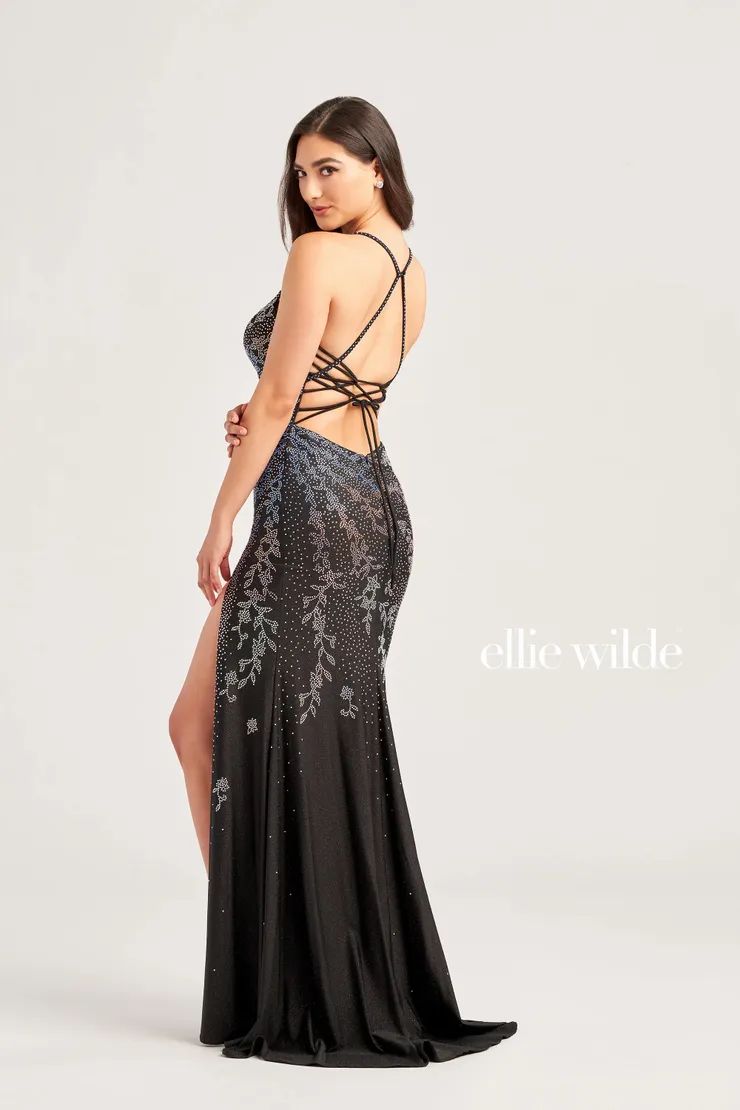 Style EW35061 Ellie Wilde By Mon Cheri Size 0 Pageant Black Side Slit Dress on Queenly