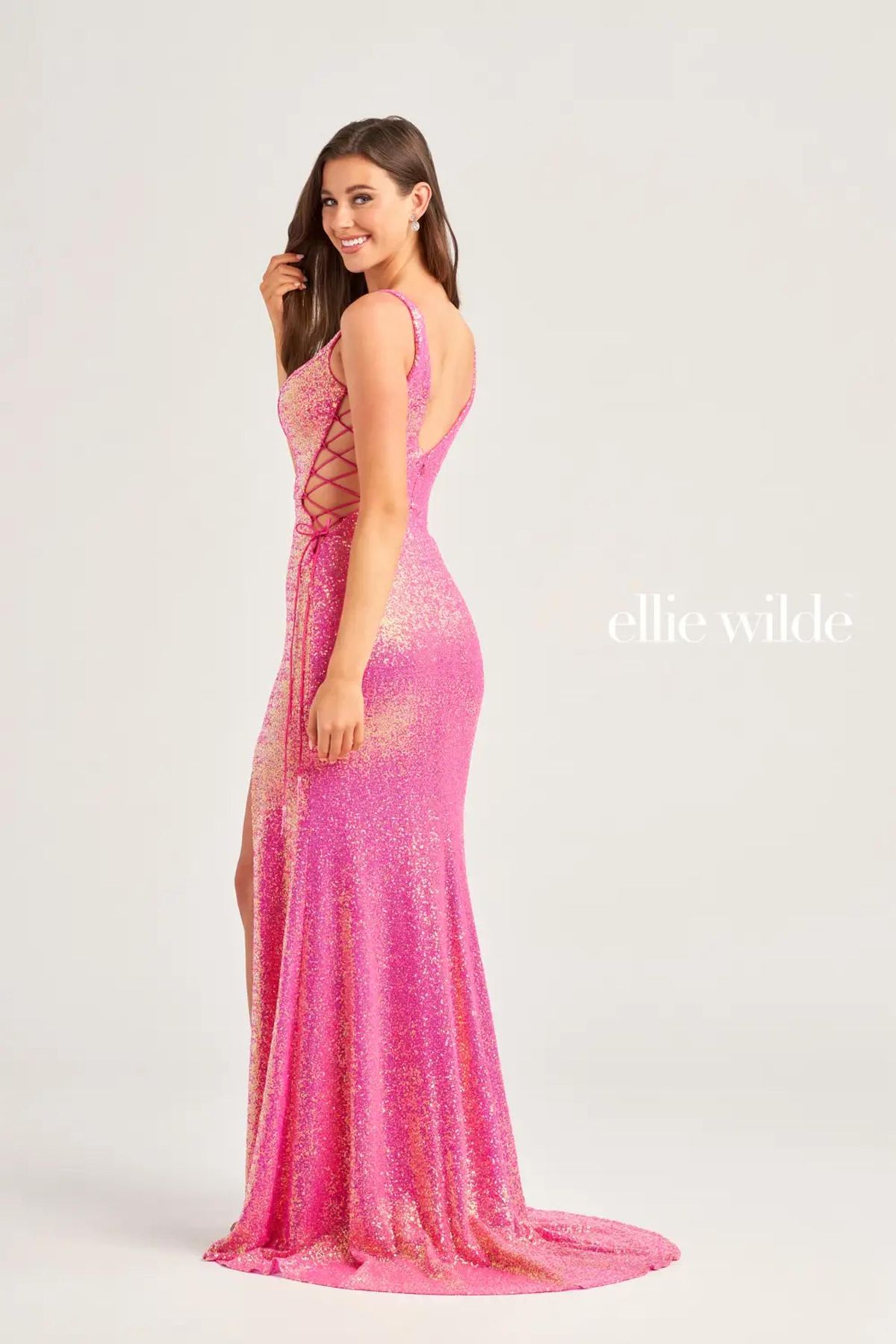 Style EW35235 Ellie Wilde By Mon Cheri Size 0 Lace Hot Pink Side Slit Dress on Queenly