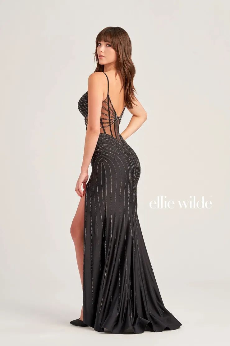Style EW35027 Ellie Wilde By Mon Cheri Size 0 Pageant Sheer Black Side Slit Dress on Queenly