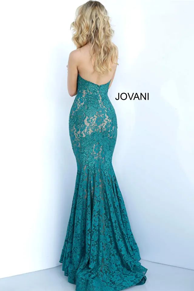 Style 37334 Jovani Size 4 Pageant Strapless Lace Emerald Green Mermaid Dress on Queenly