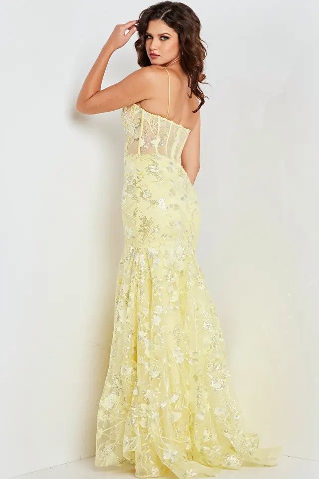 Style 38004 Jovani Size 0 Pageant Floral Yellow Mermaid Dress on Queenly