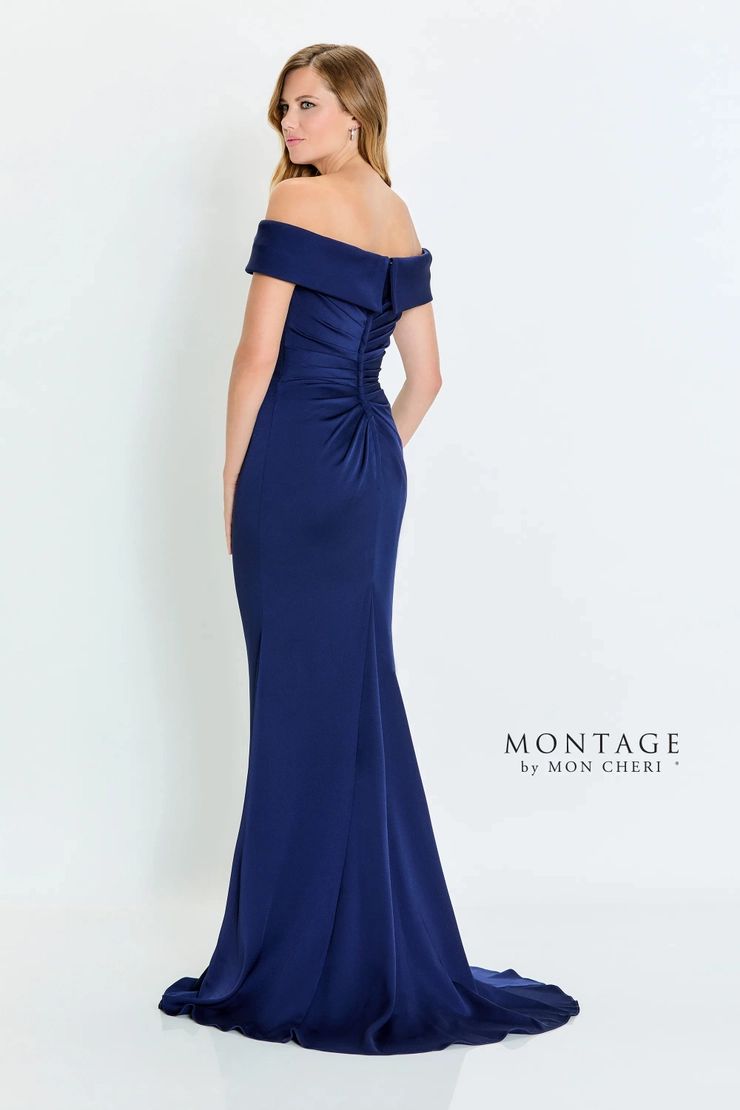 Style M535 Mon Cheri Size 10 Pageant Off The Shoulder Lace Navy Blue Side Slit Dress on Queenly