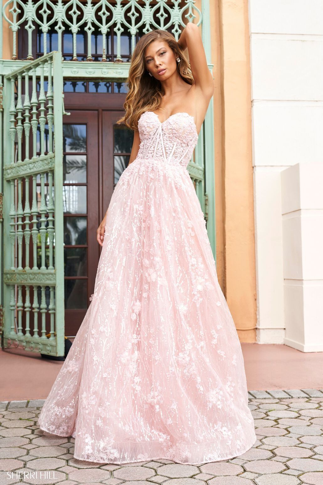 Style 54305 Sherri Hill Size 0 Pageant Strapless Lace Pink Ball Gown on  Queenly