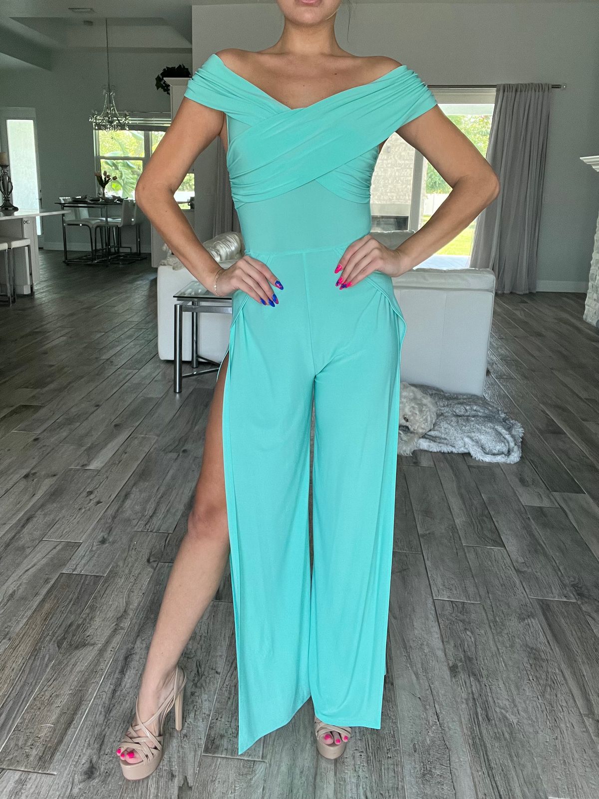 Size XS Pageant Off The Shoulder Blue Formal Jumpsuit on Queenly
