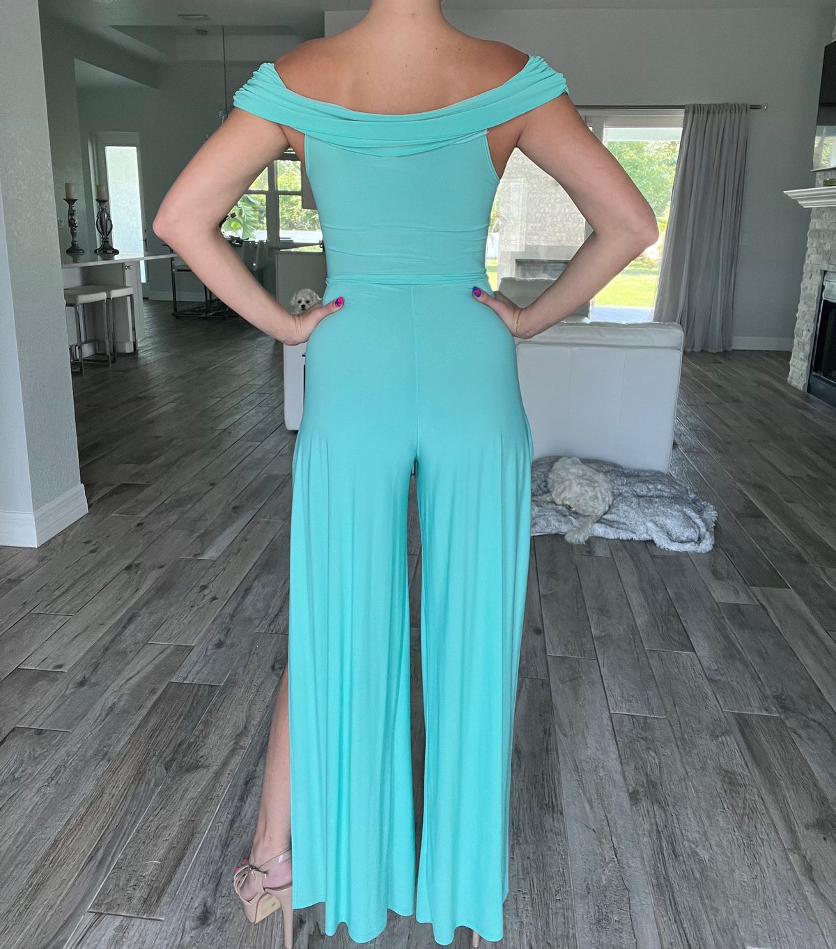 Size XS Pageant Off The Shoulder Blue Formal Jumpsuit on Queenly