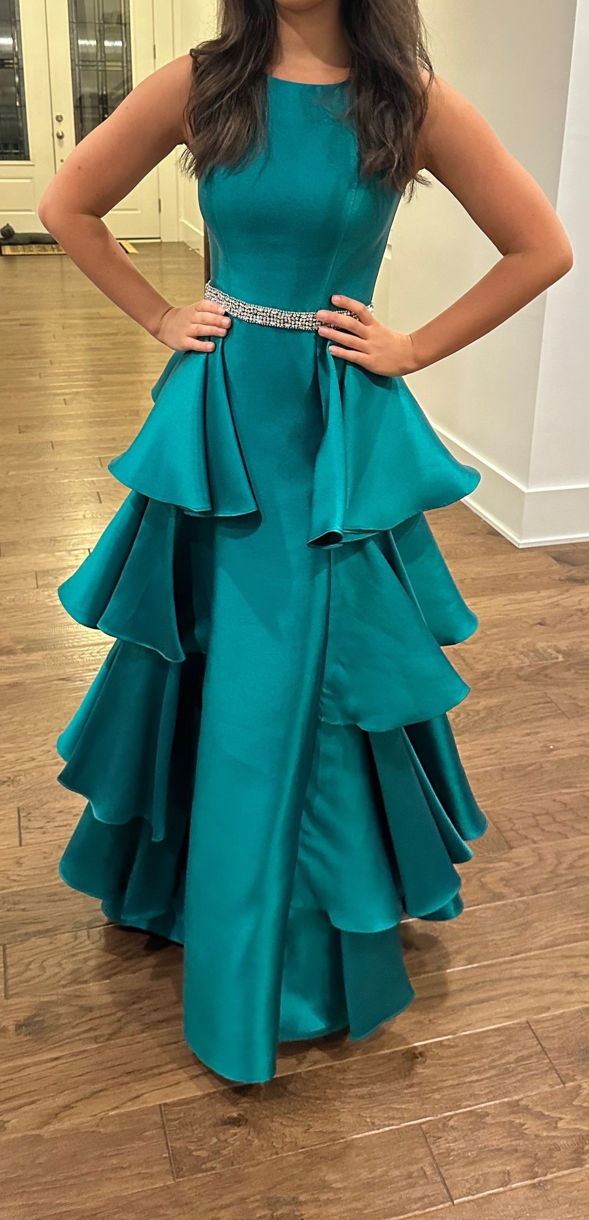 Jovani Size 0 Prom High Neck Satin Emerald Green Floor Length Maxi on Queenly