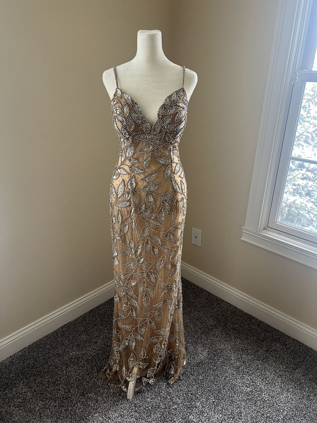 Style 54551 Sherri Hill Size 10 Pageant Plunge Nude Floor Length Maxi on Queenly