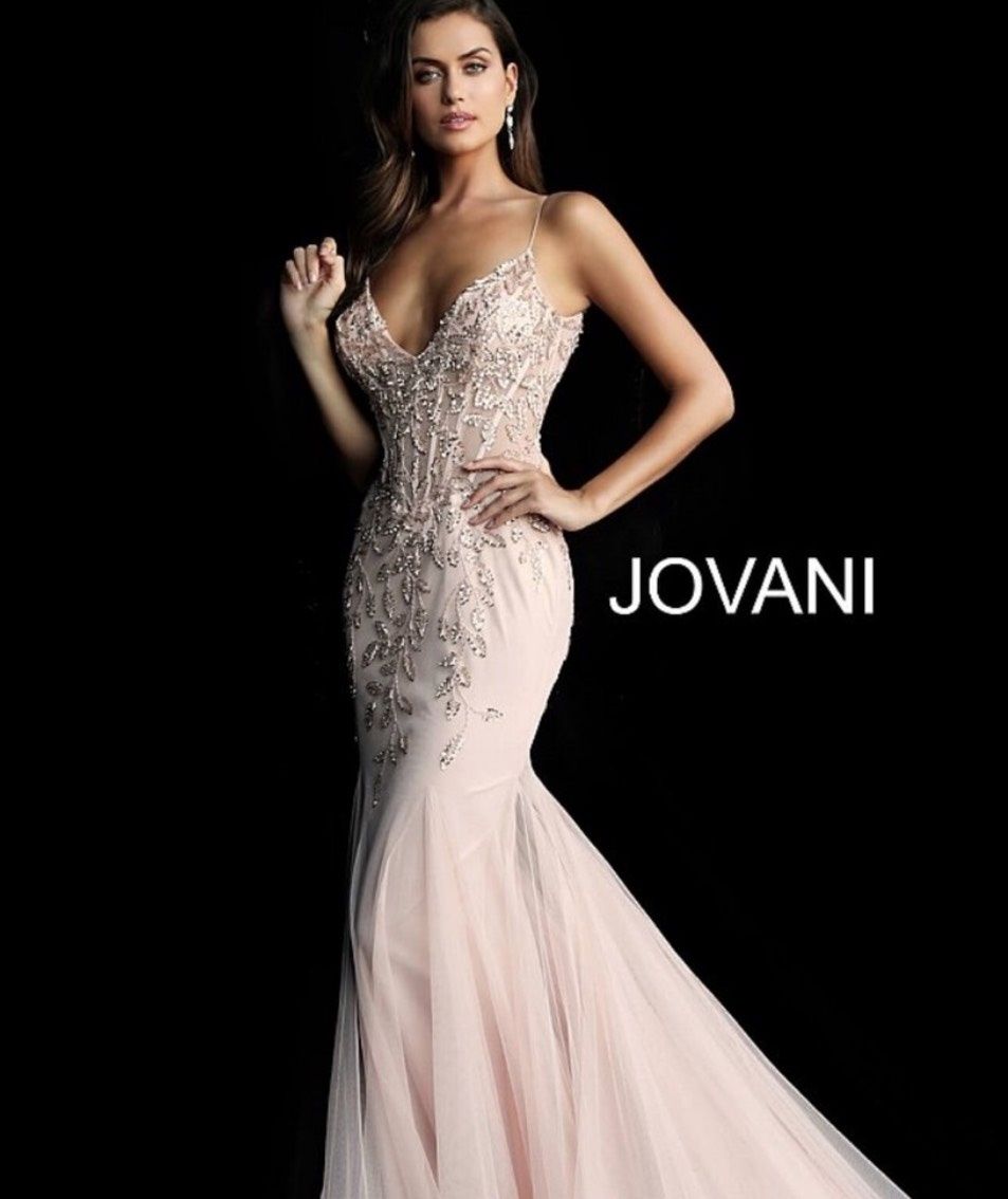 Style 63704 Jovani Size 4 Prom Plunge Lace Nude Mermaid Dress on Queenly