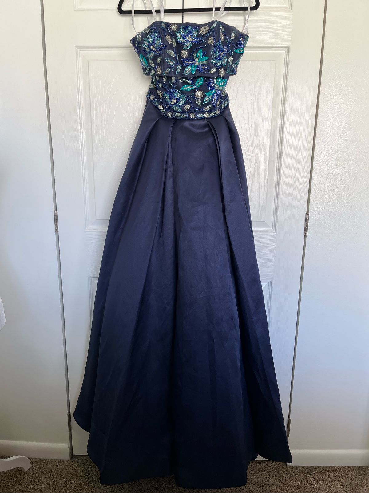 Style 7694 Rachel Allan Size 4 Prom Strapless Sequined Navy Blue Ball Gown on Queenly