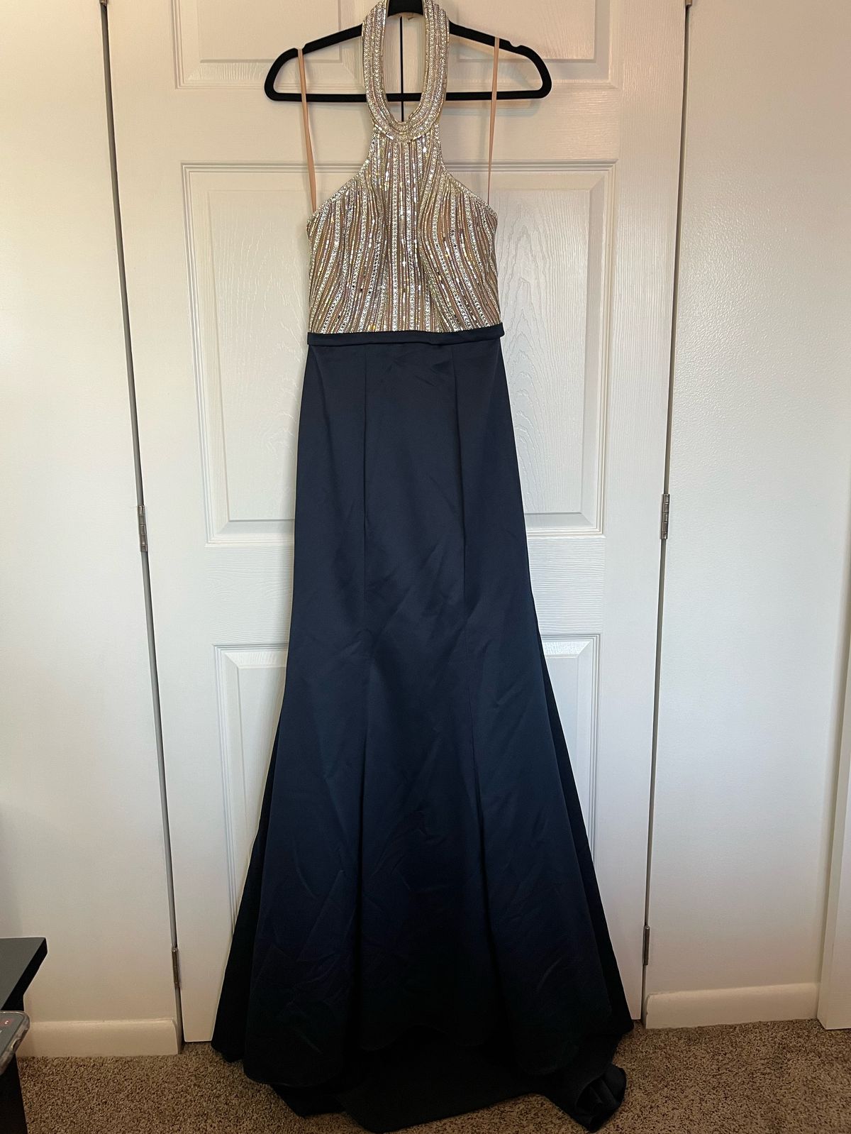 Style 22177 La Femme Size 6 Prom High Neck Navy Blue Mermaid Dress on Queenly