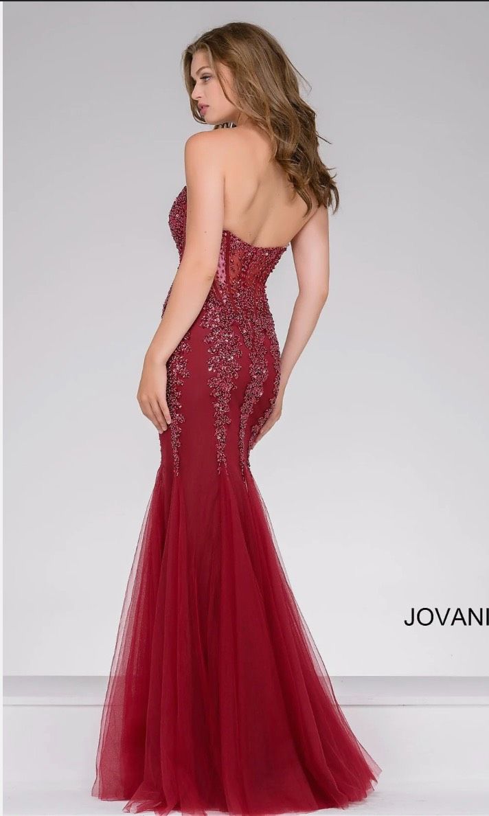 Style Jovani 5908 Strapless Sweetheart Corset Illusion Bodice Mermaid Gown Jovani Size 00 Prom Strapless Red Ball Gown on Queenly