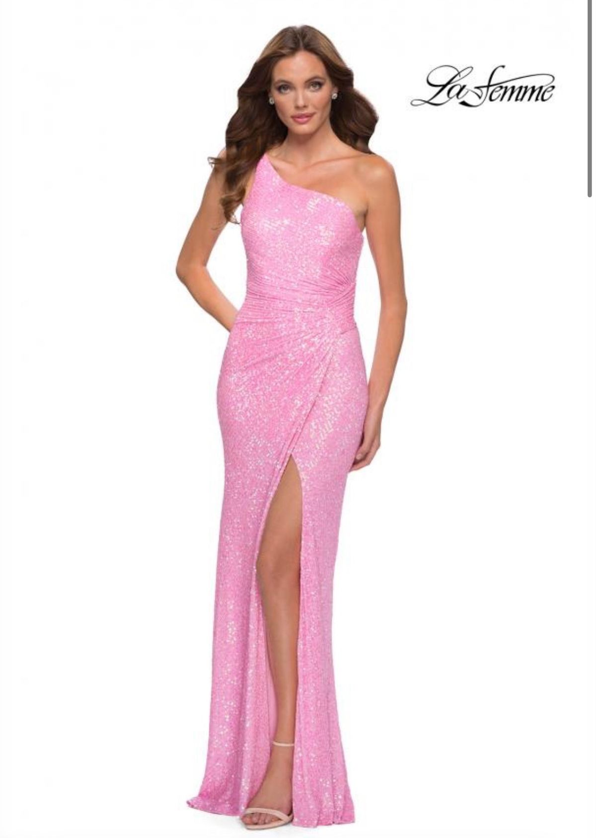 La Femme Size 4 Prom One Shoulder Pink Side Slit Dress on Queenly