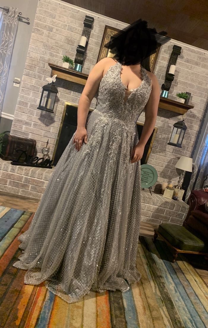 Plus Size 16 Silver Ball Gown on Queenly