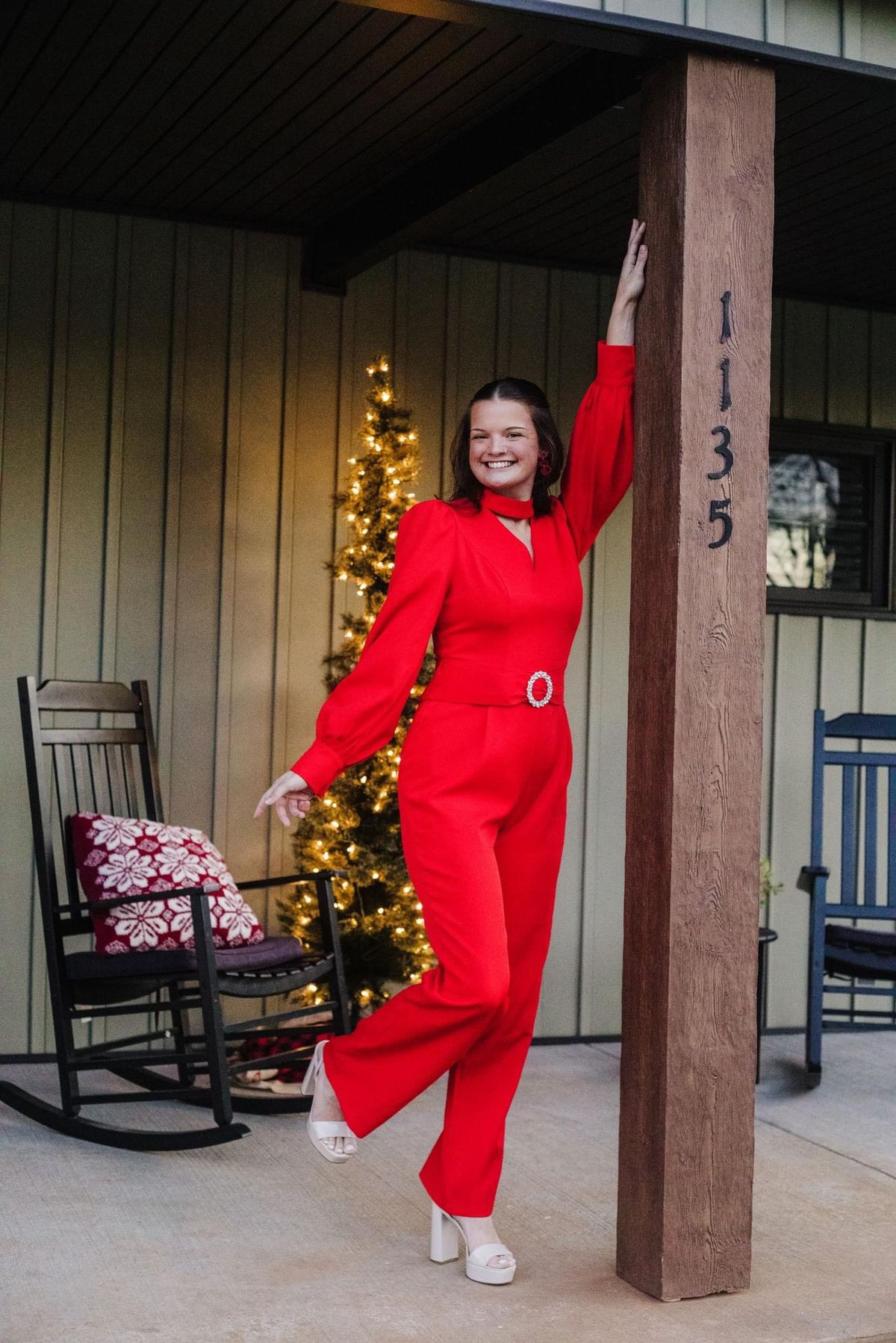 Size L Pageant Long Sleeve Red Formal Jumpsuit on Queenly