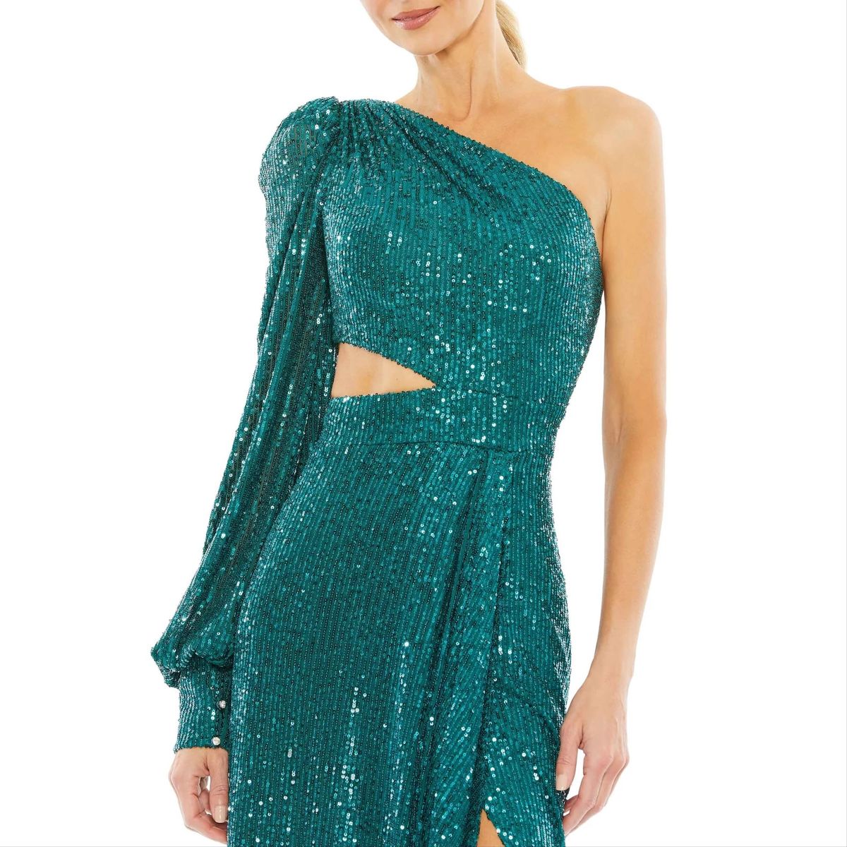 Style 26730 Mac Duggal Size 2 One Shoulder Sheer Green Side Slit Dress on Queenly