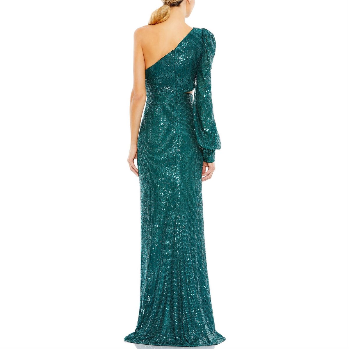 Style 26730 Mac Duggal Size 2 One Shoulder Sheer Green Side Slit Dress on Queenly