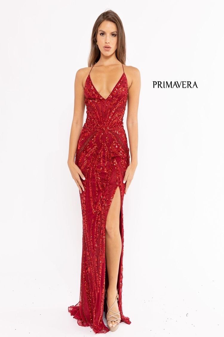 Style 3958 Primavera Size 00 Prom Plunge Red Side Slit Dress on Queenly